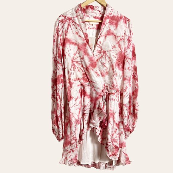 Rococo Sand Ava Rosewood Tie Dye Print Faux Wrap Ruffle Mini Dress Size M - Picture 11 of 15
